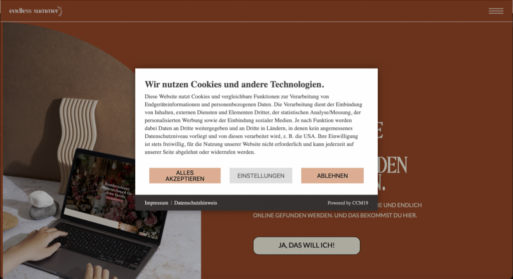 Screenshot der Website von Endless Summer Webstudio mit Cookie Banner.